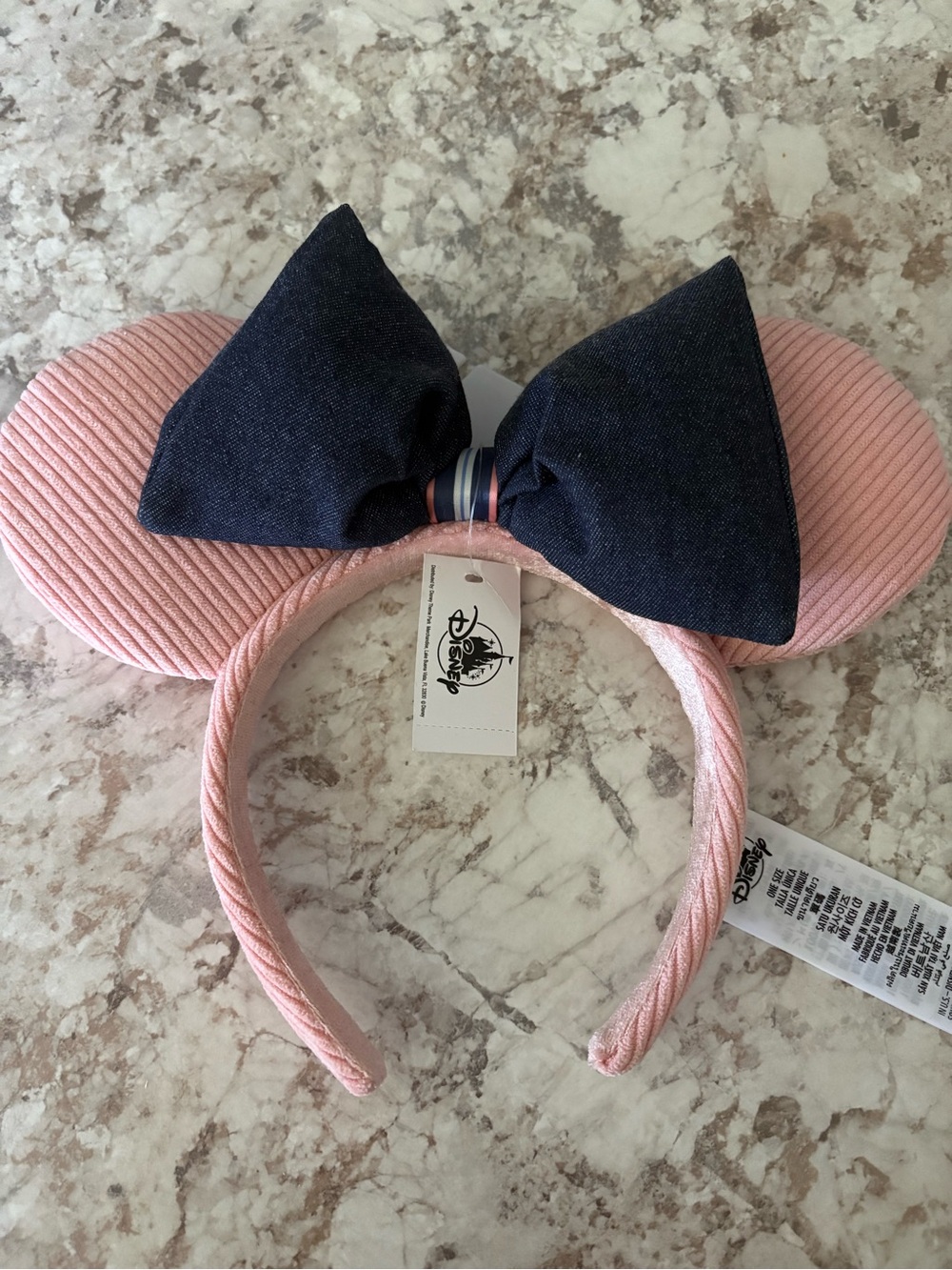Disney Pink Corded Minnie Ears Headband with Navy Bow Accent NWT‼️